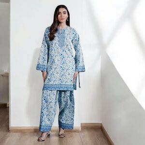 Elegant Blue Floral Pakistani 3Pc Dress